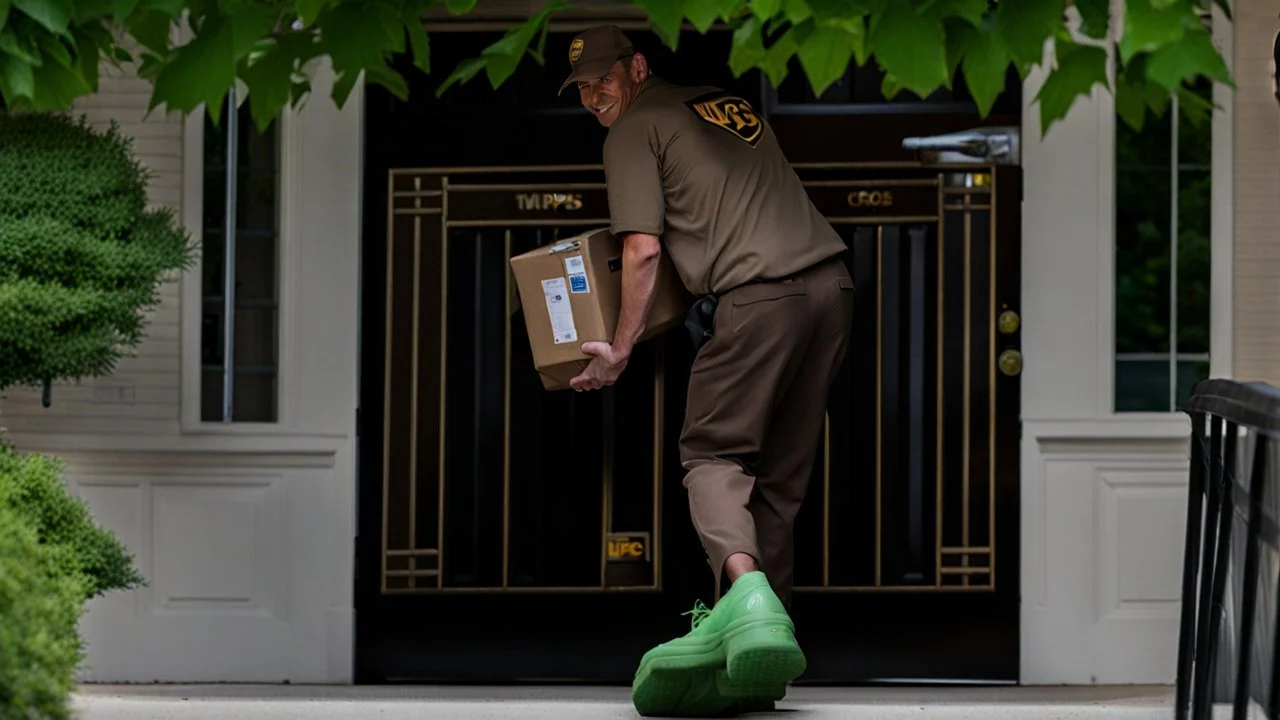 UPS delivery man in green crocs is at the gate