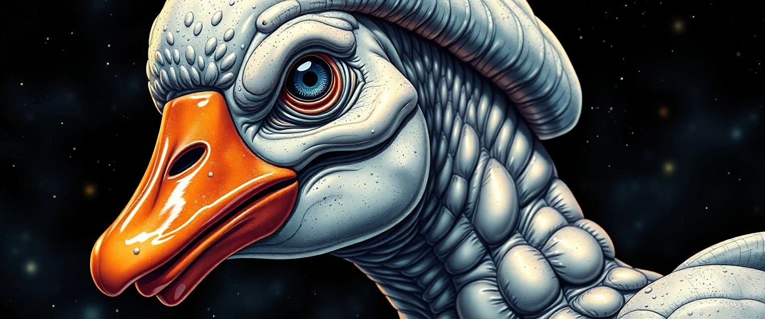 brilliant detailed full figure portrait disco glittery goose slug alien muscle man dino anime in the style of Escher and Giger