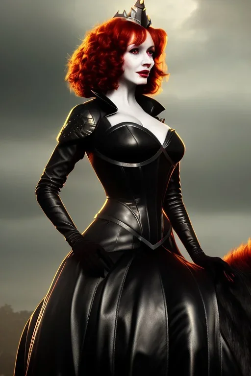 christina hendricks as evil queen in black leather gown on a horse, angry, stern look, volumetric lighting, particales,highly detailed,cinematic, deep colours,8