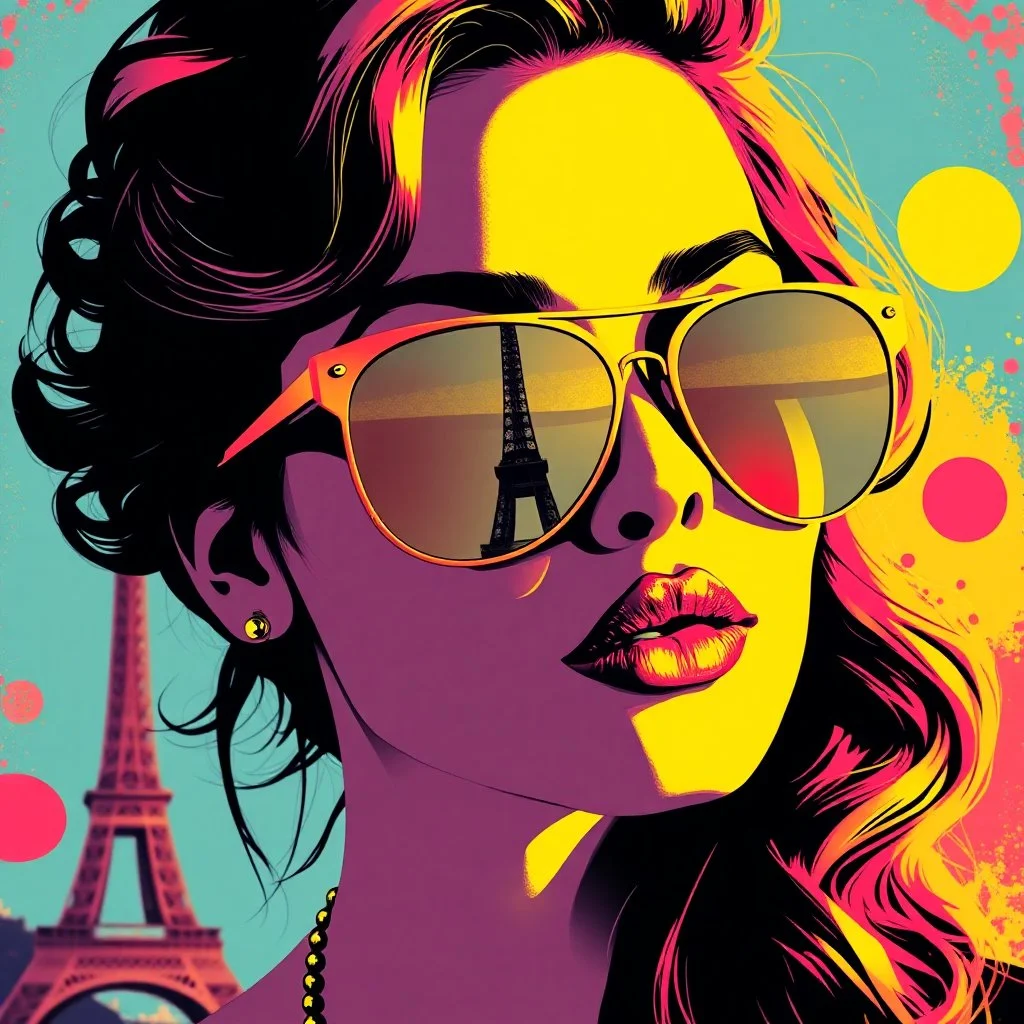 Pop art composition of a stylish woman with wavy hair wearing reflective sunglasses reflecting the Eiffel Tower, abstract shapes in background, classic advertising vibe, by Warhol, pop art vaporwave