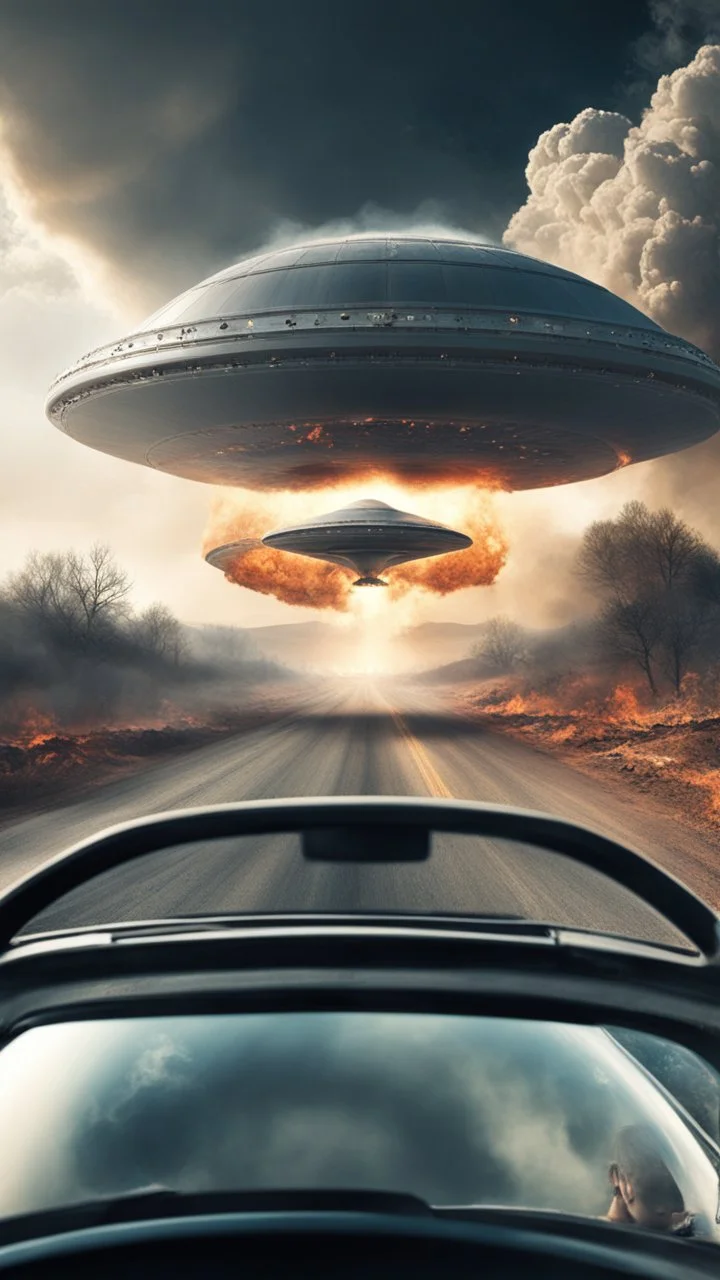 The image shows a photograph with a science fiction theme. Reflected in a side-view mirror, we see a car with passengers, driving on a desolate road. In the background, a large UFO hovers in the sky while multiple explosions erupt in the distance, sending up clouds of smoke and fire. The mirror's border frames this chaotic scene, juxtaposing a calm, seemingly oblivious drive with the dramatic events unfolding behind.