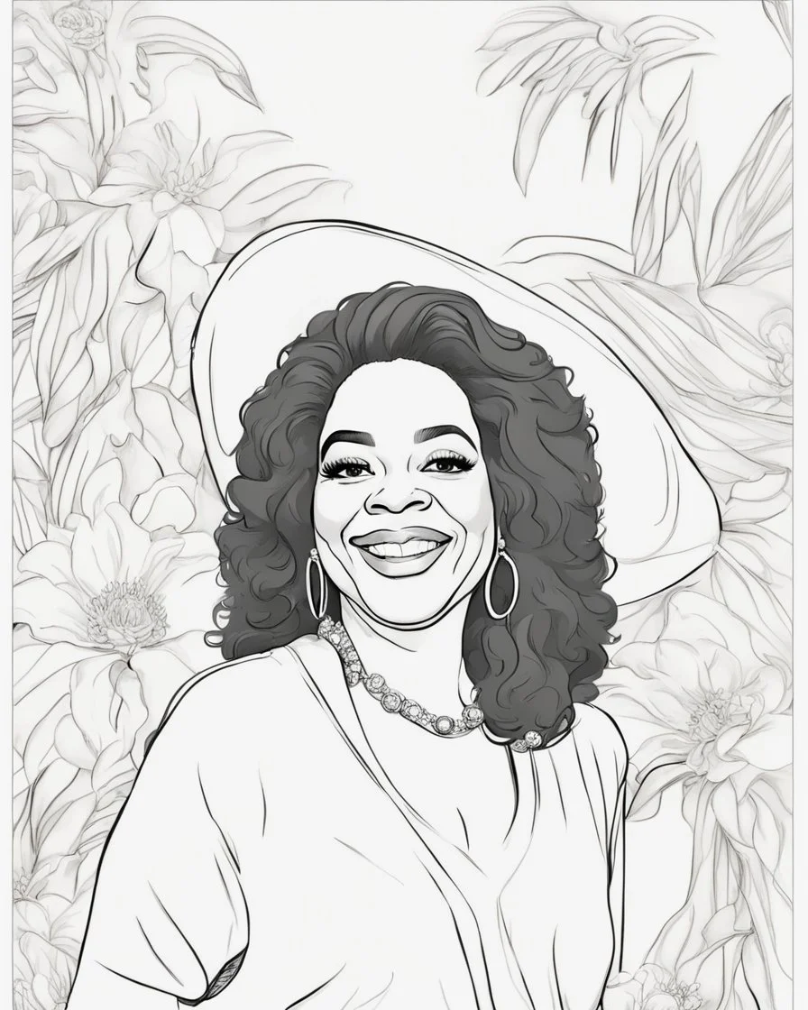 Outline art for coloring pages with oprah winfrey, white background, sketch style, only use black outline, white background, no shadows and well and clear outline