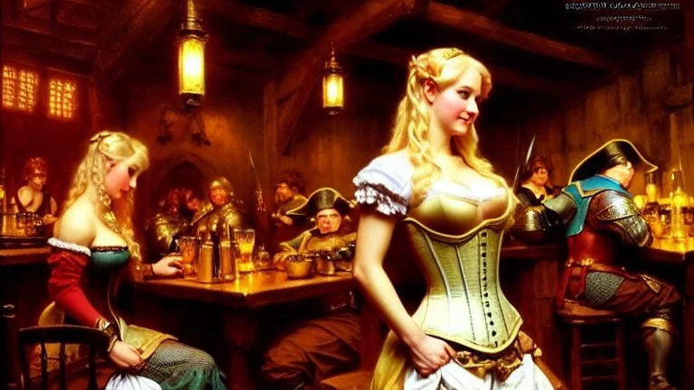 fullbody portrait 'beautiful face busty blonde medieval wench on tavern in medieval city'wearing tight corset,painting by gaston bussiere, greg rutkowski, yoji shinkawa, yoshitaka amano, tsutomu nihei, donato giancola, tim hildebrandt, oil on canvas, cinematic composition,sharp image, extreme detail,((fit full head inside picture)),32k