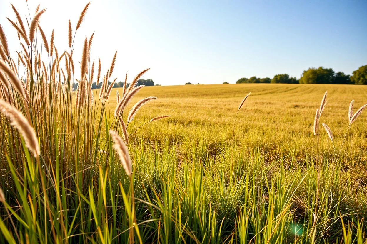 a wild grass clearing next to an ideal farm field, sunny day, product photo setting