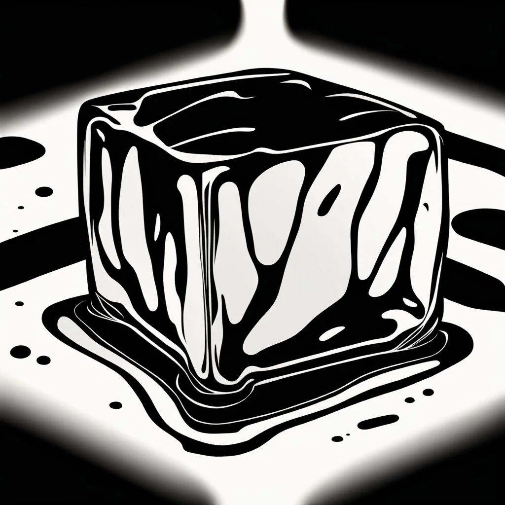 a HAND DRAWN BLACK AND WHITE ICE CUBE SITTING ON A SLICK BLACK SURFACE