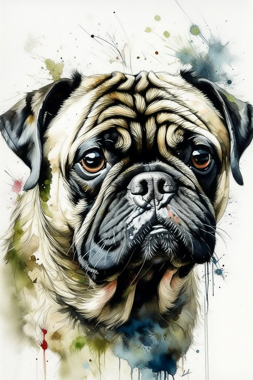 A portrait of a pug by valerie Davide loose watercolour, wet on wet and splattering and dripping techniques, centred, perfect composition, abstraction,