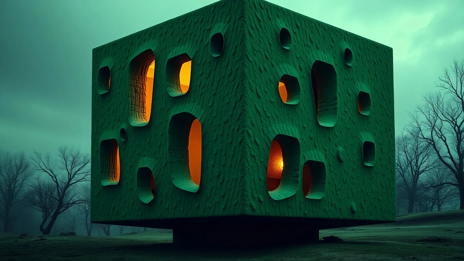 Enigmatic green cube-shaped dwelling. Imagine a single-family home that defies convention and emerges as a pure green cube, with a strange sense of mysticism. The exterior walls are covered in a hypnotic texture. Random gaps and windows of various shapes and sizes punctuate the surface of the cube, like an organic, futuristic sculpture. Some of these openings emit a warm, golden light, while others remain dark, mysterious and uninviting.