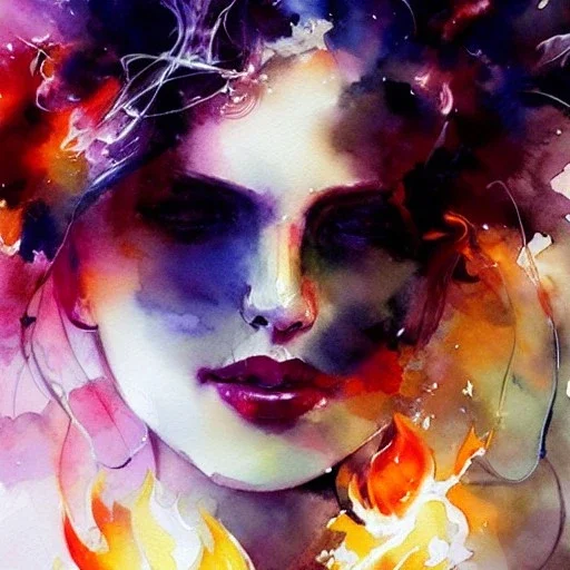 old woman, fire, flames, watercolor illustration by <agnes cecile> <Yoji Shinkawa>, natural tones, ornate and intricate detail , soft smooth lighting, soft pastel colors,