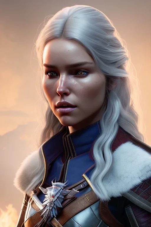 Camilla luddington face, texture skin,Crystal yellow eyes, long white hair, wearing The witcher 3, realistic, 4k, intricate, best quality, fog particles, fire particles, octane render, vray, sword fire