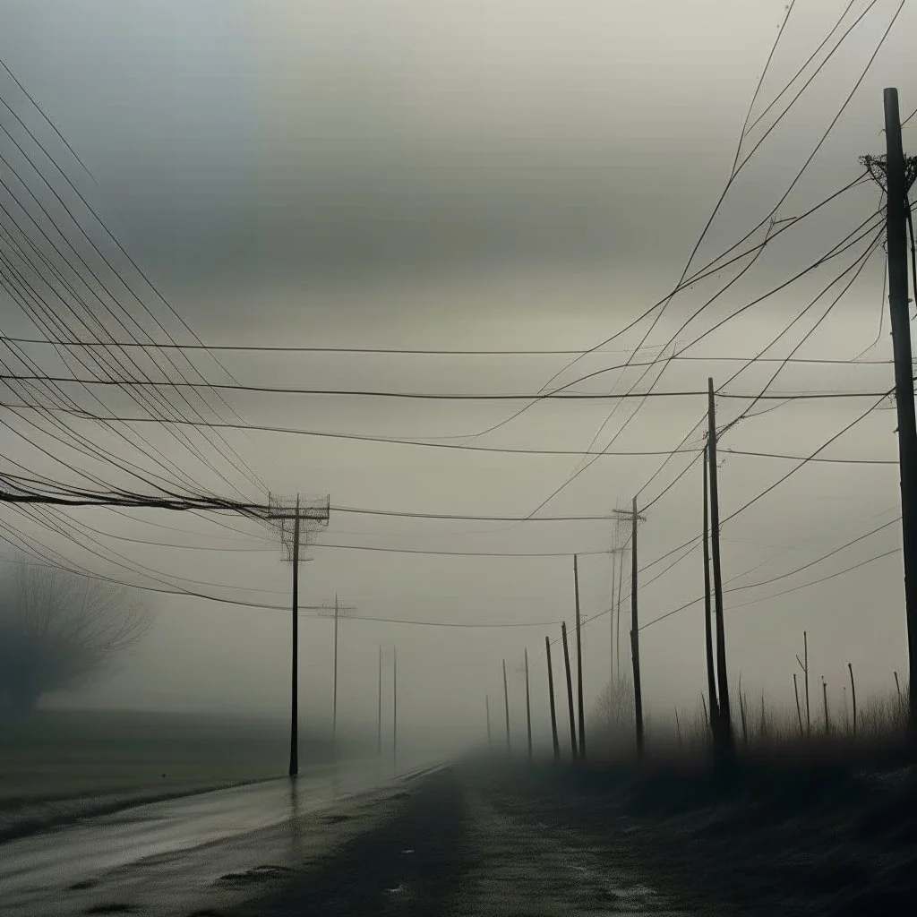 An empty road on a misty day. Telegraph poles and wires. Muted tones. Tilted horizon. With blotches and lens noise. Hyper realistic Photo 4k