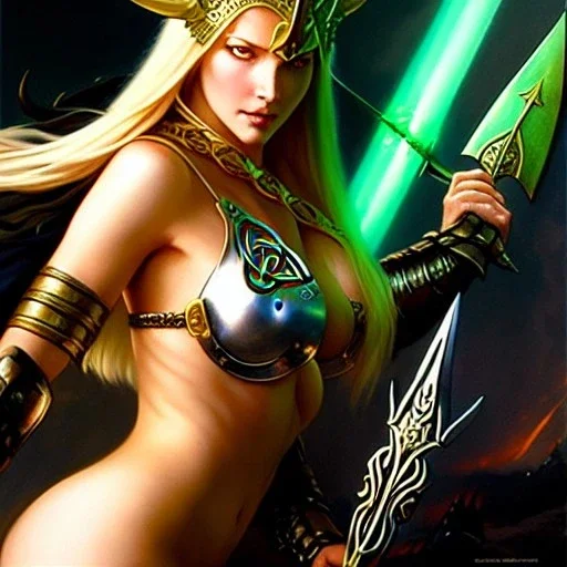 portrait 'beautiful Sexy Busty Blonde Sif',long hair,horned helmet, celtic tattoed,crystal clear green eyes,painting by gaston bussiere, greg rutkowski, yoji shinkawa, yoshitaka amano, tsutomu nihei, donato giancola, tim hildebrandt, oil on canvas, cinematic composition, extreme detail,fit full head inside picture,32k