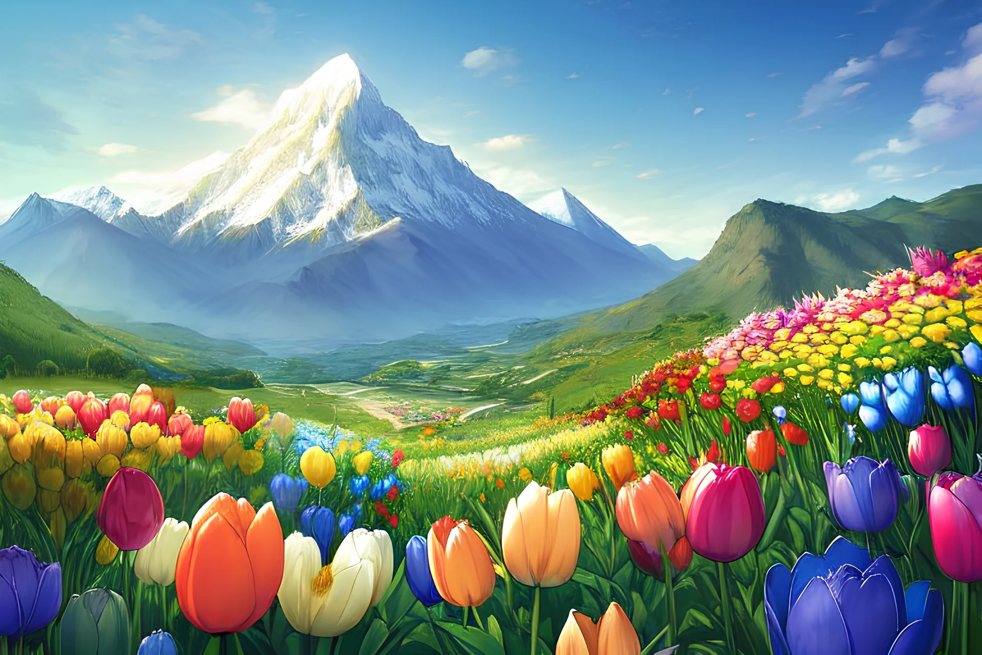 a garden, tulip flowers, mountain