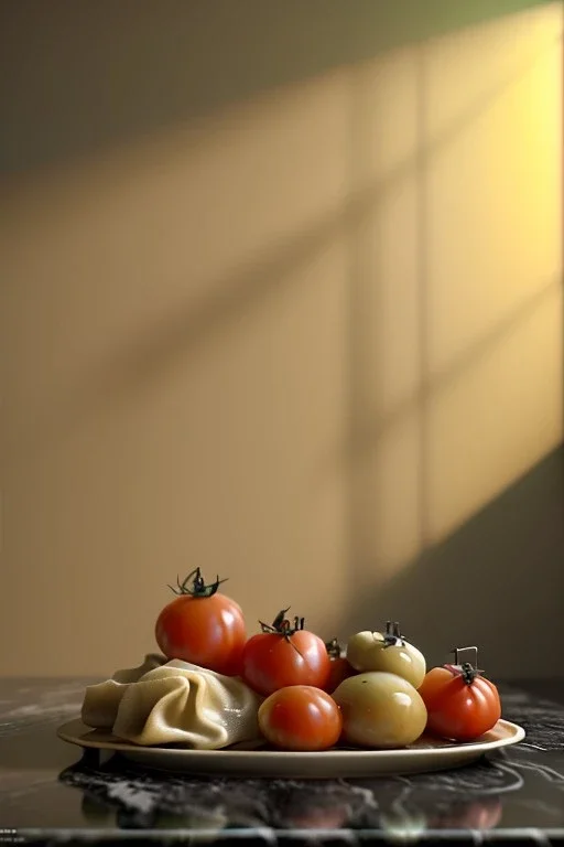 renaissance style still life composite, dish of Raviolis with natural tomato, albahaca, olives, olive oil. moisture, art, natural, ornaments, ceramic, marble, high kitchen, smooth, god rays, unreal engine 5, ray tracing, RTX, lumen lighting, ultra detail, volumetric lighting, 3d.