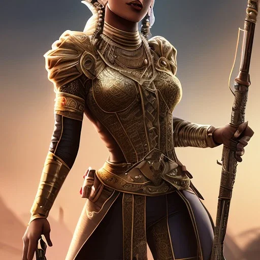 Full body, fantasy setting, woman, dark skin, Indian, 20 years old, magician, warrior, hourglass body shape, bicolor hair, muscular, cinematic, Arabian clothes, dark clothes, war clothes, insanely detailed, Arabian style, half-hawk haircut, white and red hair, medieval