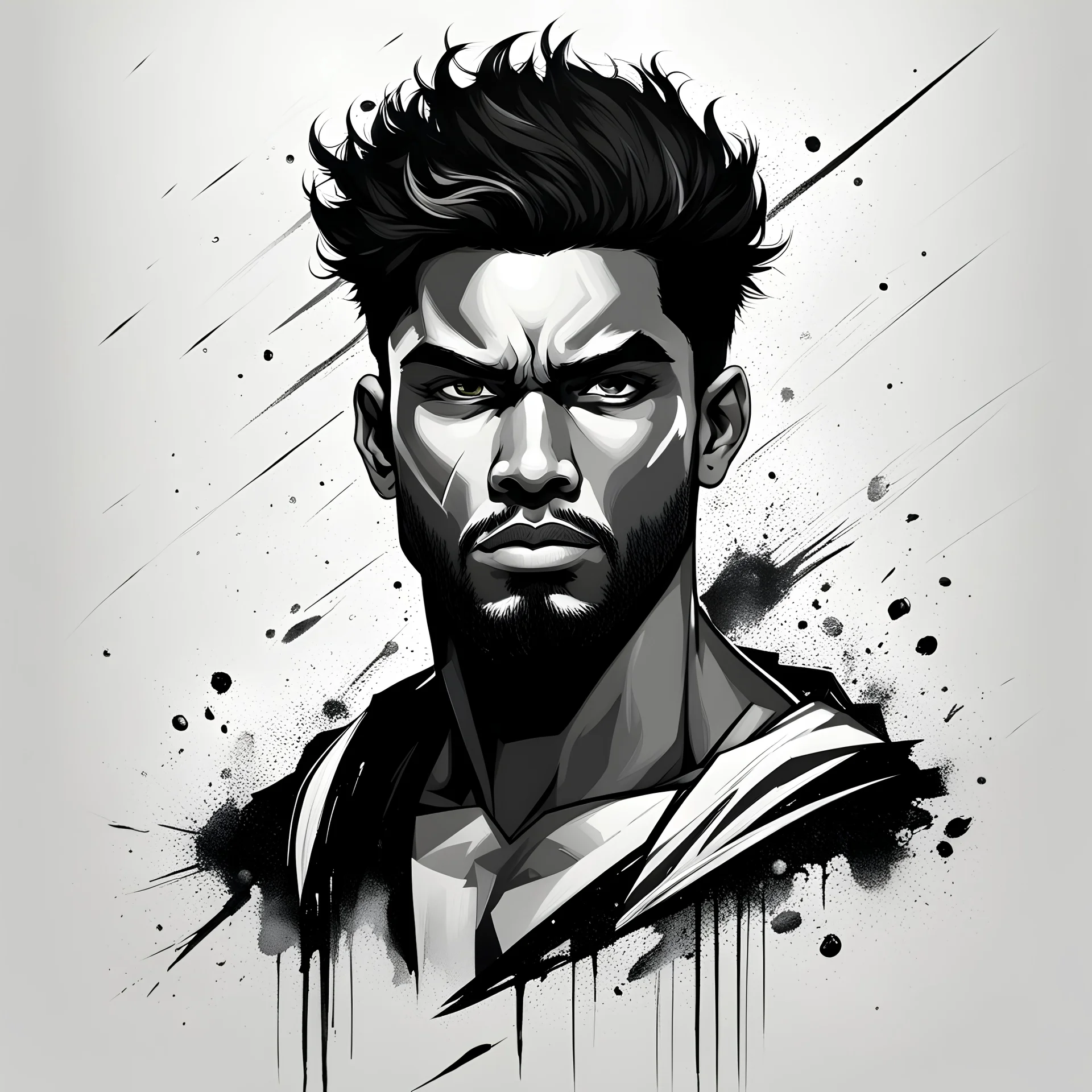 simple blacn and white illustation, male, RESILIENT, PROTECTIVE, DETERMINED, framed
