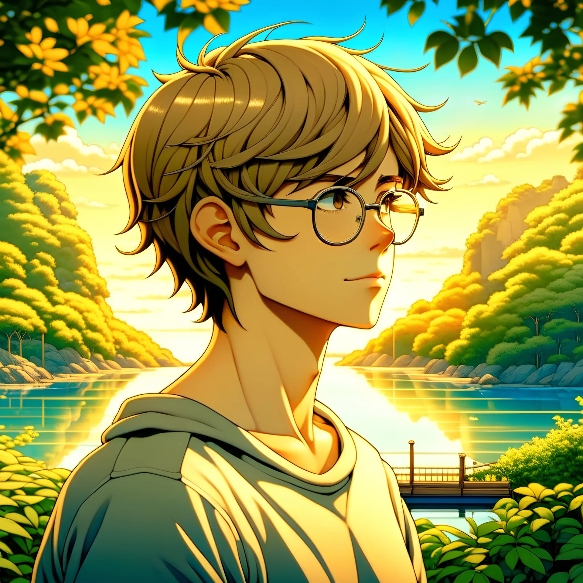 1man, looking in the distance, outdoors, black glasses, light brown hair, short hair, white t-shirt, anime, ghibli, high detail, fantastic location, detailed face, scenery landscape, masterpiece, hyper detailed, stunning art, best quality, highly detailed, intricate detailed, sharp focus, aesthetic, highly detailed body, highly detailed background, highly detailed hair, UHD, 64k