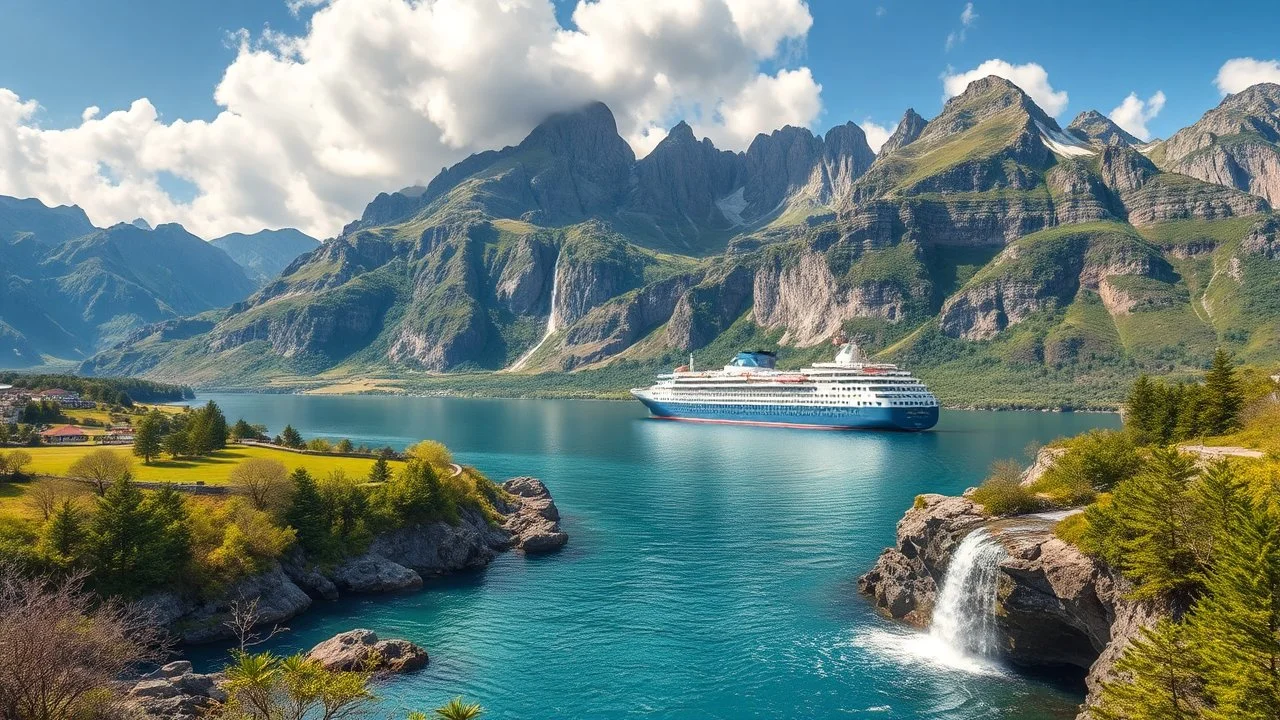 a picturesque natural landscape that includes majestic mountains and a serene countryside. Additionally, incorporate details about a stunning, large waterfall that enhances the beauty of the scene. The output should be structured as a narrative, painting a clear image with rich, descriptive language that evokes the sights and sounds of this beautiful environment water fall falls to a big sea with modern ship in it.a fullbody lady inOne Piece - Athletic Swimsuit