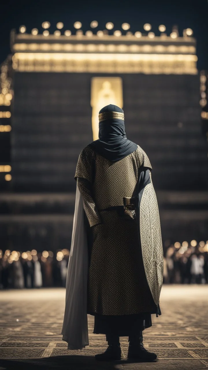 Make me a picture of a Muslim knight, standing at the Kaaba, make the picture in the dark, with his back to the screen.