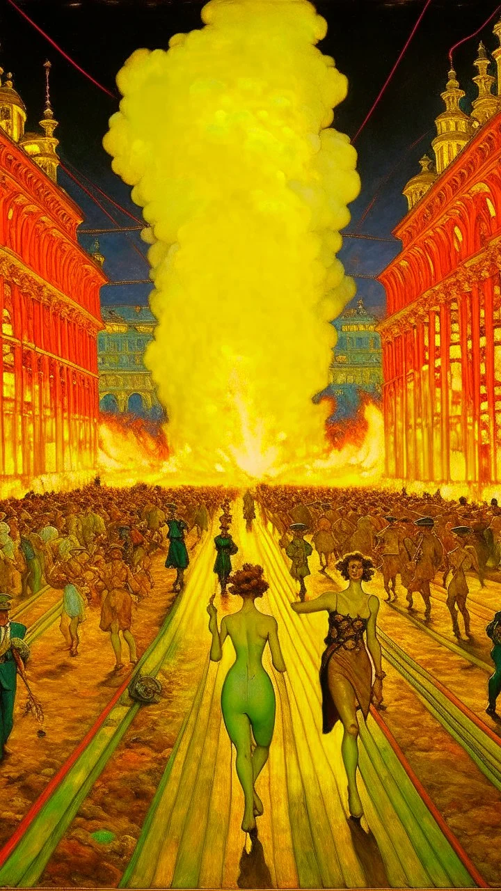 Track of oil with runners made of lights, in the background the crowd is burning, in the style of Alphonse mucha