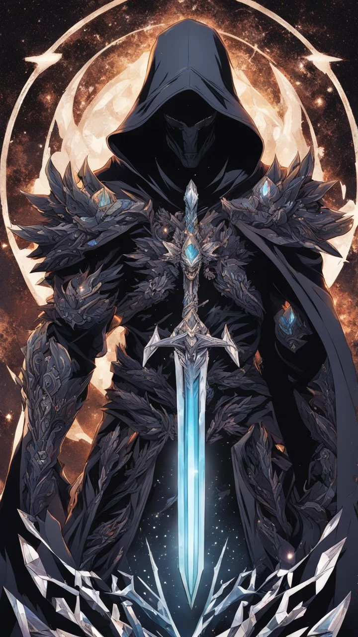 Monster with Multiarms, hoodie, cover face, crystal sword, crystals arm, galaxy face, solo leveling shadow artstyle , high details, intricate details, highly detailed