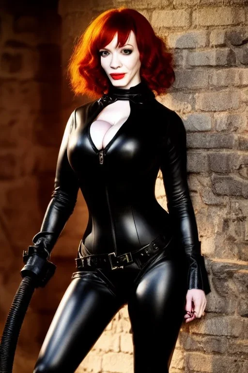 Christina Hendricks dressed in black leather catsuit, with a whip in her hand, inside a dungeon, busty, cleavage, angry, stern look, volumetric lighting, particales,highly detailed,cinematic, deep colours,8