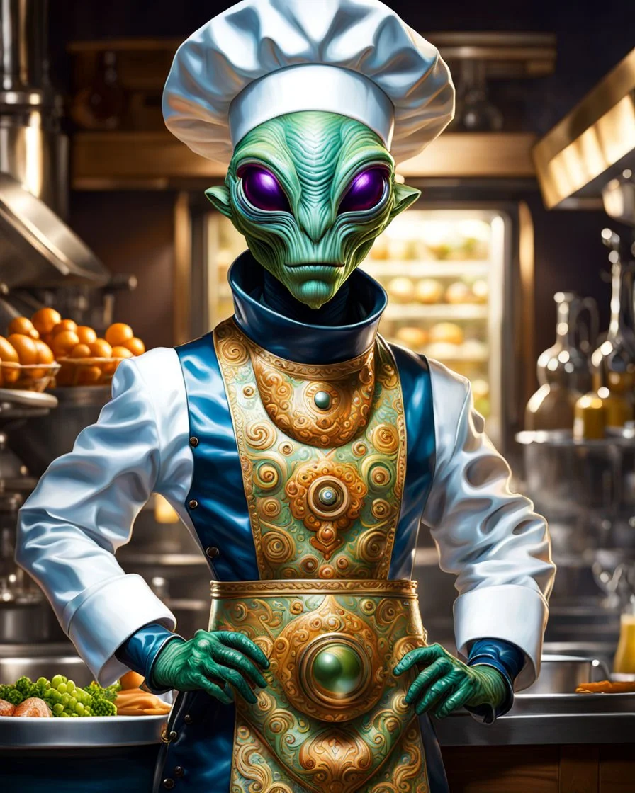 Full body alienígena antropomorfico humanoide con traje de chef arte ilustración impresionista calidad ultra hiperdetallado intrincado maximalista 12k