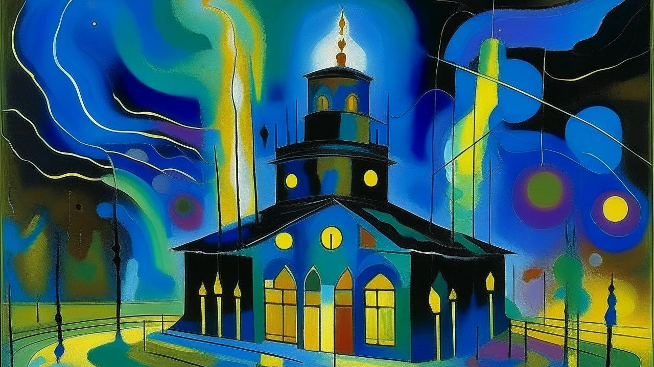 A temple with cyan lightning painted by Wassily Kandinsky