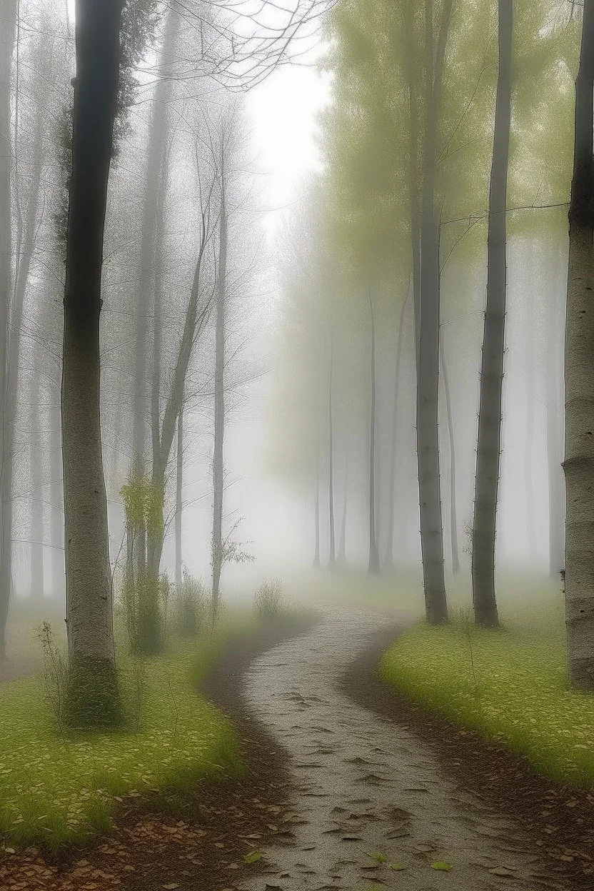 soft fog, with light breaking through, tall white birch trees, and a stone path leading to pavilion