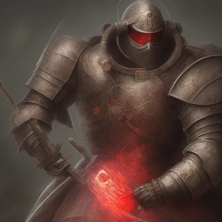 Knight guard far away. Shiny scroll. Weapon. Sharp. Damascus steel. Technical details. Red. Doom dark. Meteorite. Fire.