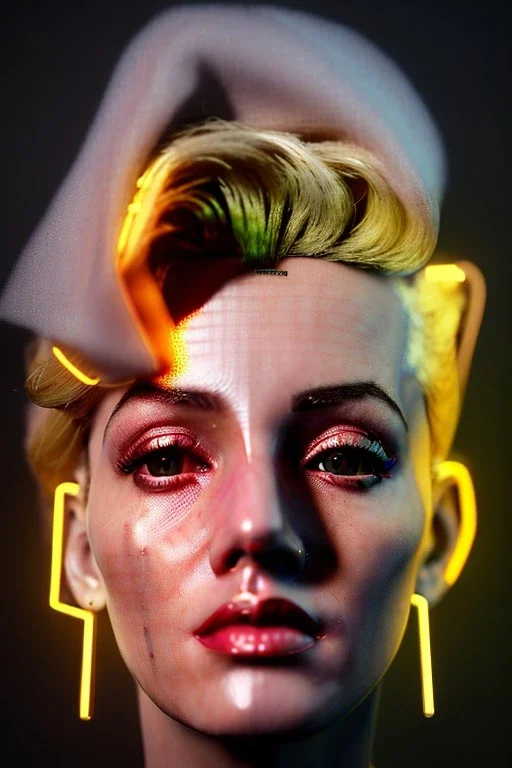 Ultra Realistic image, portrait, blonde woman, sweet Marylin Monroe face, perfect iris, glow eyes, gold makeup, wires attached to head. Cyberpunk style, latex coat, fog, rain, soft color, highly detailed, unreal engine 5, ray tracing, RTX, lumen lighting, ultra detail, volumetric lighting, 3d, finely drawn, high definition, high resolution.