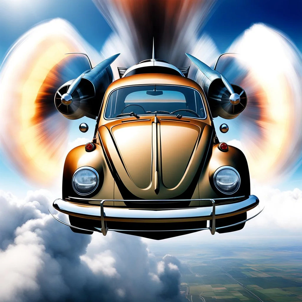 a high definition screen shot of a jet-fighter vw-beetle, retrofuturistic, phototrealism, in flight, one subject, should have wings with atleast one exposed jet on each wint or one coming throught thr front and center of the vehicle.