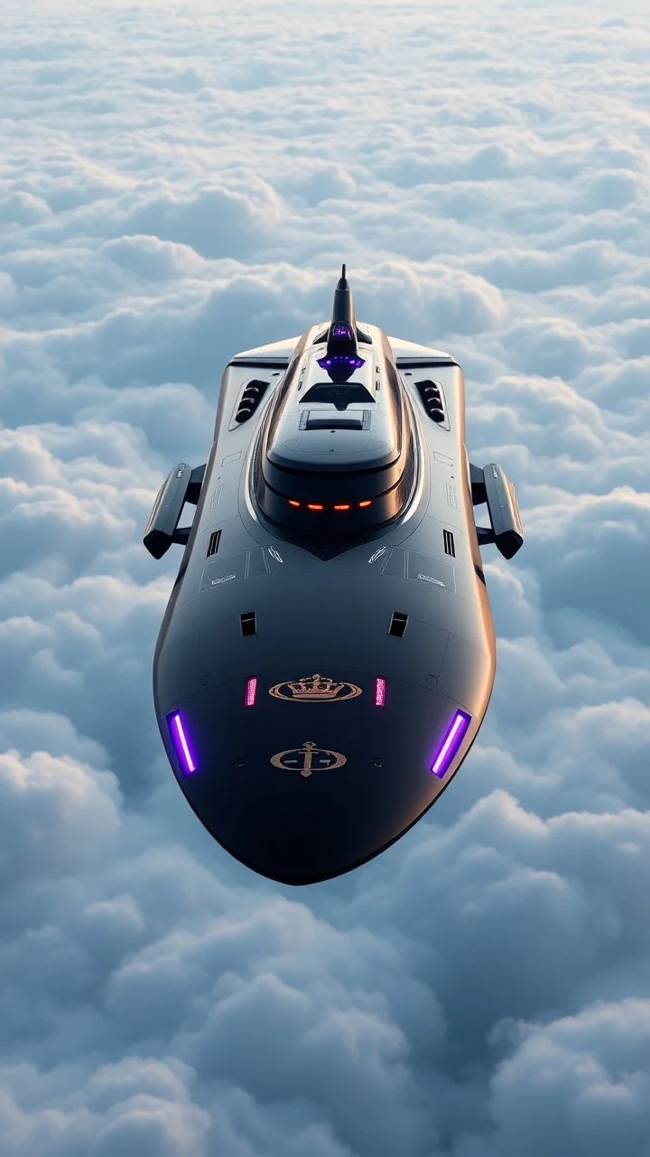 Royal Star Cruiser gliding gracefully above luminous cloud layers. Sleek elongated matte-black obsidian hull with smooth flowing curves, accented with subtle platinum inlays and soft purple-gold ambient glows. Silent anti-gravity thrusters arranged in a symmetrical royal pattern, hidden propulsion vents, polished mirrored edges, floating crown-like dorsal fins, and an illuminated royal insignia carved into the bow. Hyper-detailed ultra-realistic cinematic design, ethereal atmospheric mist, maje