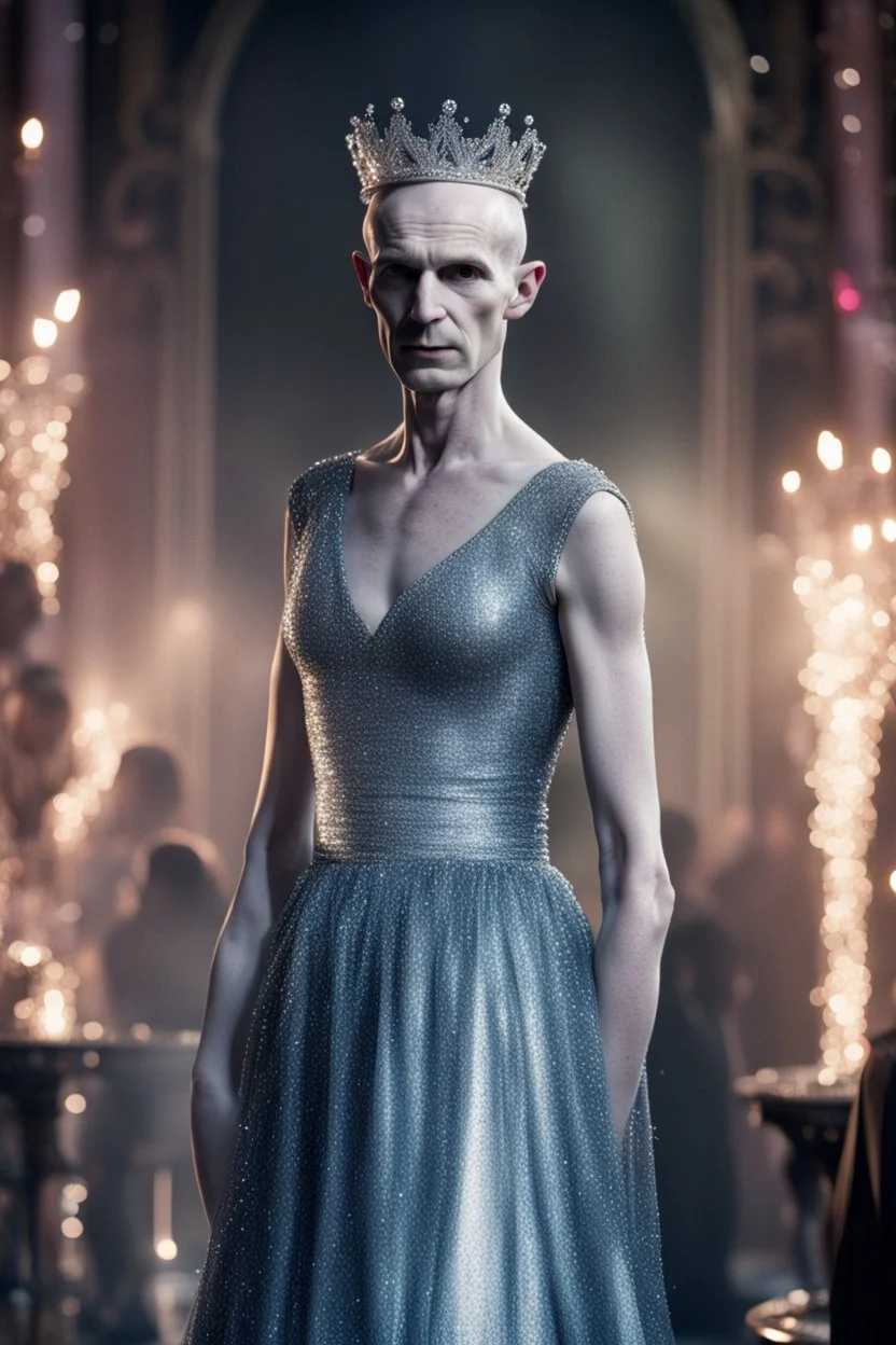 Voldemort looking pretty in a sparkly dress and tiara