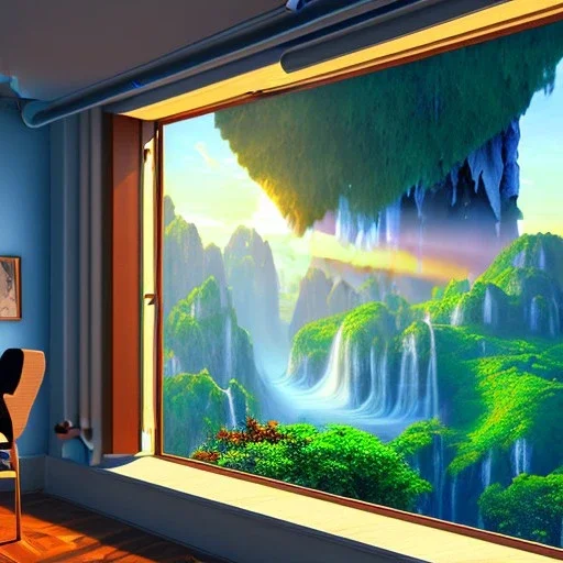 desk, parquet, sheet of paper, little pen, office chair in front of a huge picture window with large view on a waterfall with warm light, sunset ,pixar style, panorama, nature, globe, HD, Hallelujah mountains