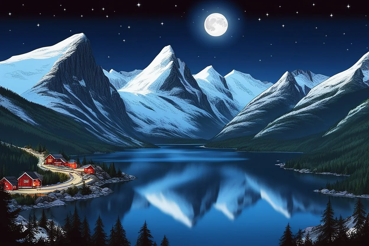 Mountains and fjords in Norway at night by artist "Kerfluffle"