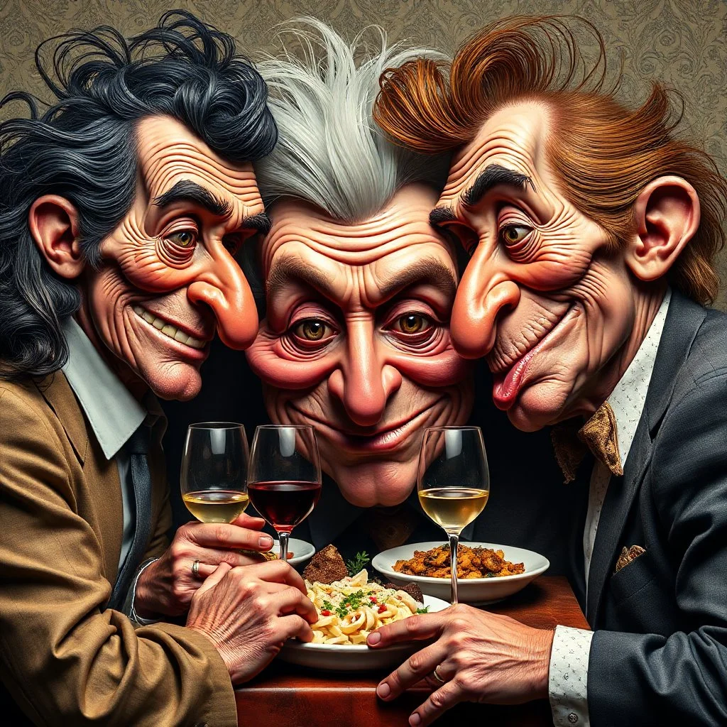 The oddest coagulation and mixture of friends, glossy finish, dine, details very accentuated, stunning style, oniric, Max Ernst, hyperphotography, kiuy, blatant, gross, caricature, very funny, distorted, fabulous, Hasselblad h6d400c