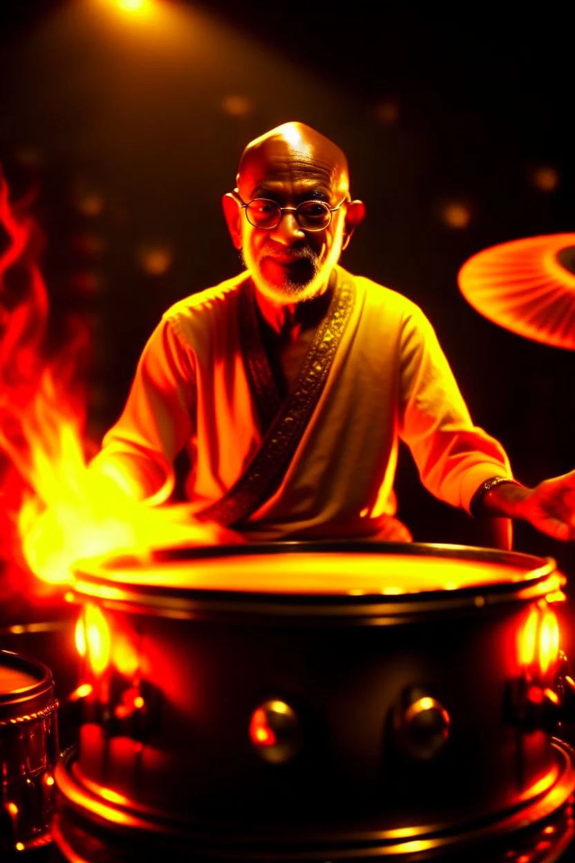 4K realistic, Gandhi playing drums in a metal band, black background, bright flames all around