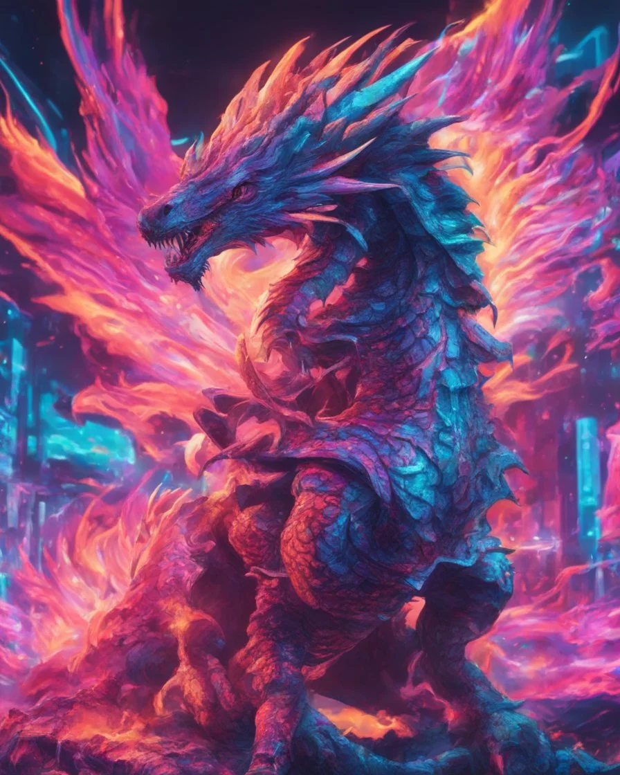 Close up shot, Dragon in a vibrant synthwave dreamscape, neon chaos swirling energetically around pixelated forms, a dynamic fusion of retro gaming nostalgia and futuristic abstraction