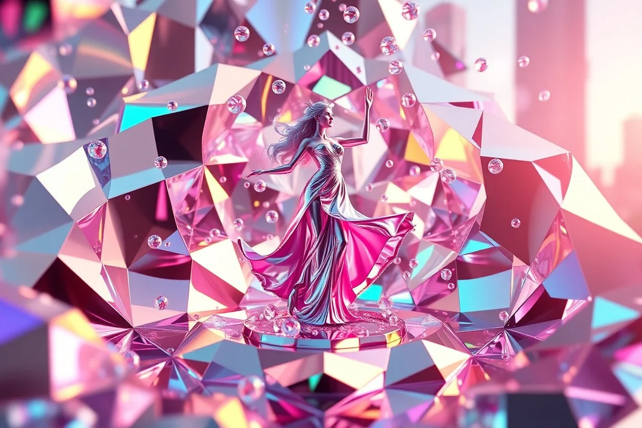 very complex structure ,pretty viberating color environment 3d metalic and crystal recursive animating beveled geometric base very complex structure emiting mirror bubbles that broke, goddess lady in a pretty cleric dress comes out dancing gracefully , viberating color moving very in modern city escape environment while camera tracking it.