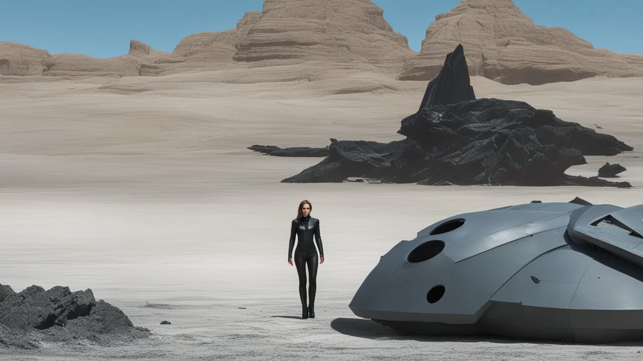 A woman in a catsuit standing on a beach of a rocky landscape with a crashed spaceship in the distance