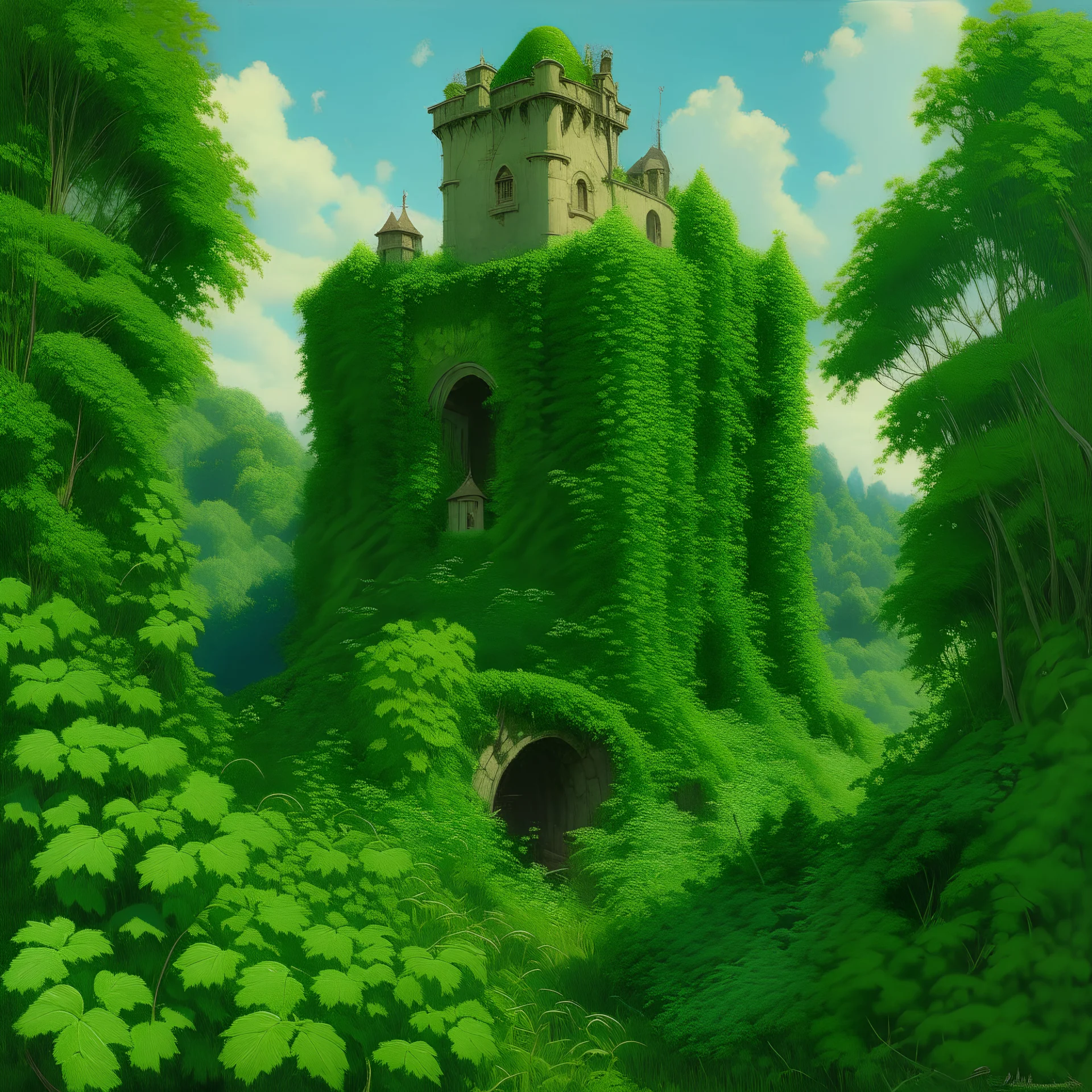 A green castle in a forest covered in vines painted by Frank Wilson