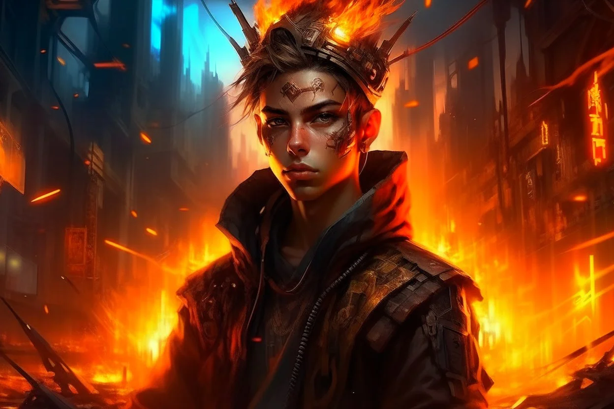 Portrait jeune roi conquerant cyberpunk, incendie en arrière plan