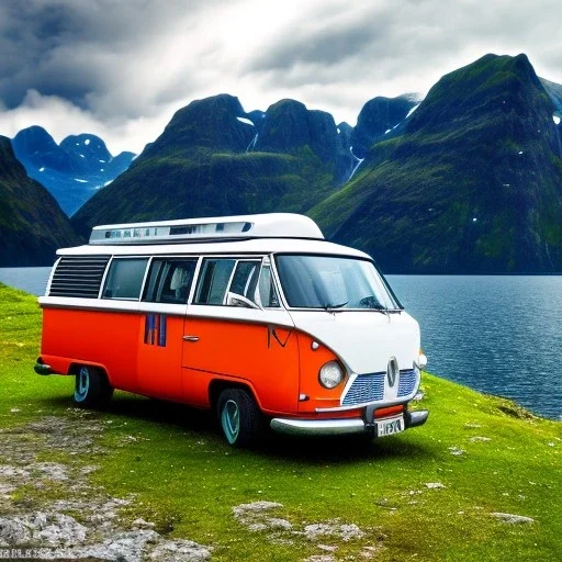 A Campervan is parking in a norwegian Fjord