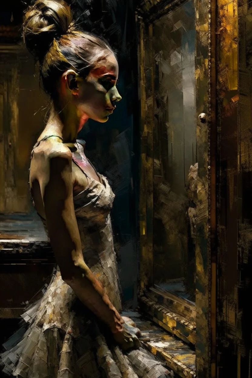 a beautiful ballerina, in a studio, Infront of a mirror, side profile with eyes looking slightly Down, her reflection in the mirror is however looking straight back at her and not looking down, scary, dark undertone, 12k, detailed painting, thick impasto and textures with rough brush strokes, chaos background with cracked paint, peeling off