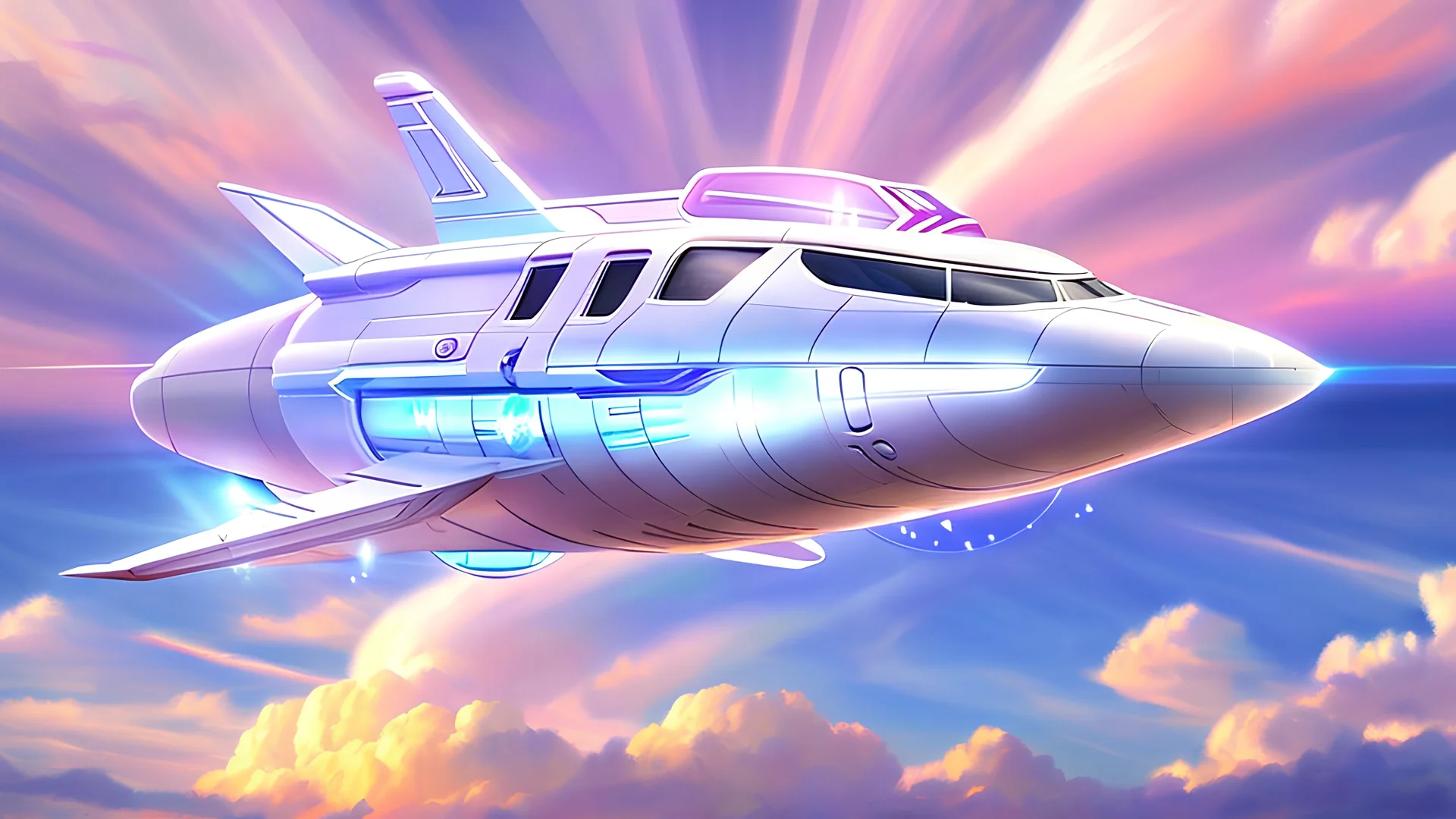 Spaceship high in the sky, eye shape transparent, white lights bright and pastel bright gloss effect of a dream subtle, light, large transparent view of the open sky , crystals,light of sun in the sky