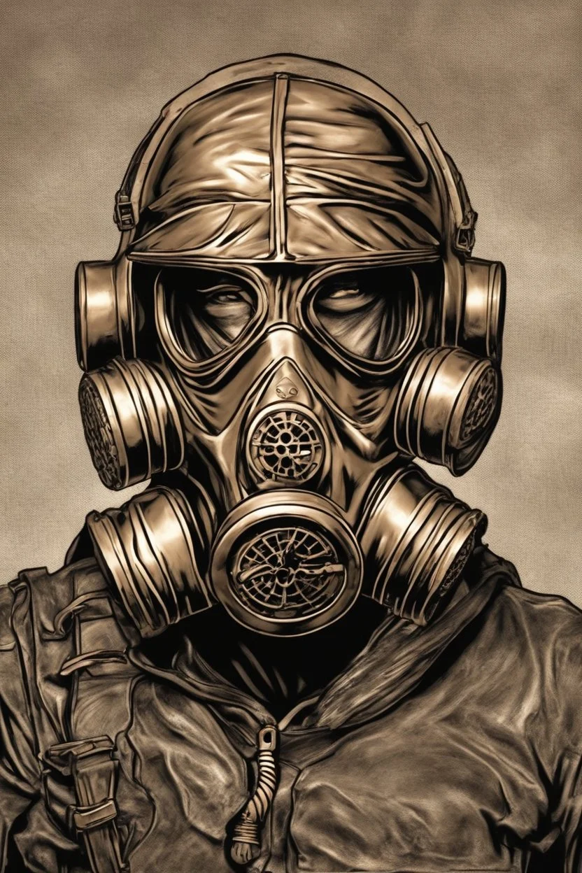 warrior portrait, Bronze metal gas-mask, comic style