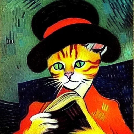 oil portrait of a cat with hat reading a book by Van Gogh