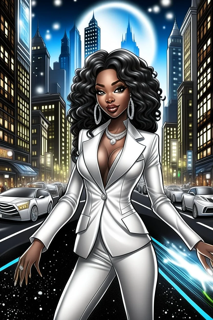 Create a digital airbrush cartoon of a curvy African American female wearing a white business suit with white heels. Prominent make up with hazel eyes. Highly detailed very long extremely curly black hair. She is wearing silver and diamond Jewely that shines of the lights. Her skin is smooth and silky. Background of a busy city street