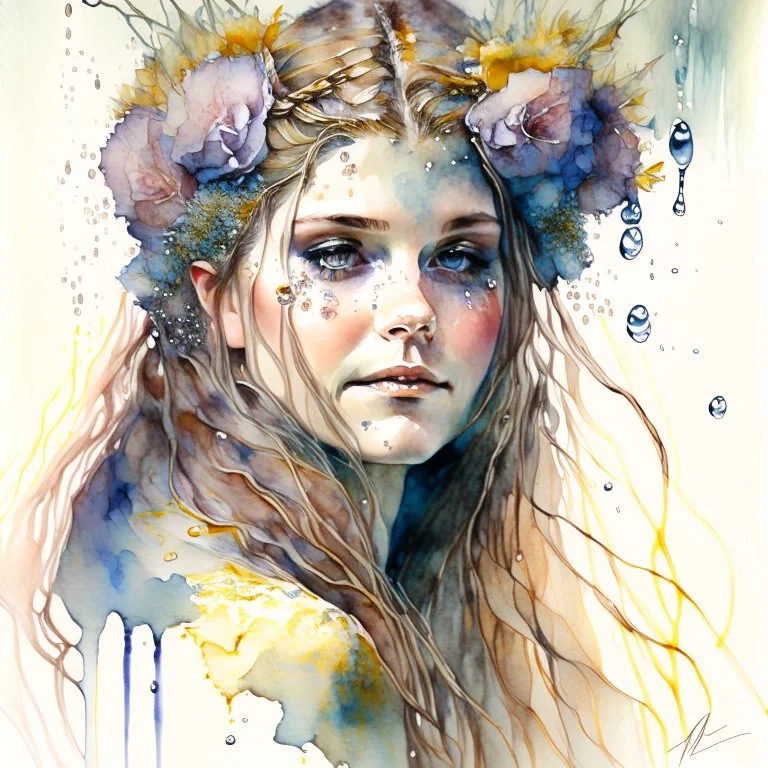 flowers on her hair in the style of Jean Baptiste Monge and Tim Burton, splash fast strokes, highly detailed, studio lighting, crisp quality, watercolor, wet on wet