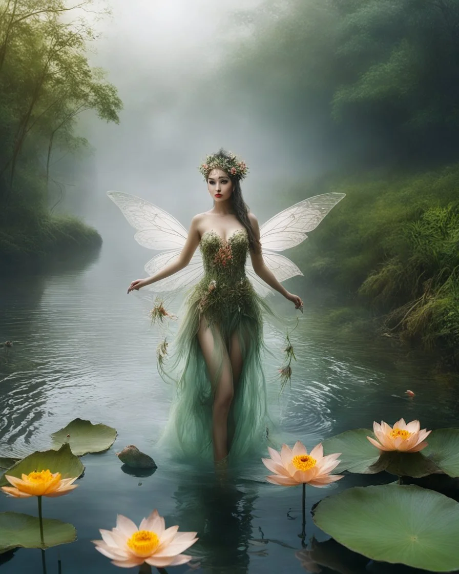 🍂 🌱🌹 full length image beautiful humanoid Fairy Queen roots lotus flowers leaves plenty,fullbody pretty fairy lady drown into the river swim on swampriver and the wonderful river sorrounded birds and flowers, morning heavy fog and smokes background,realistic potrait photoshoot experiences photographer